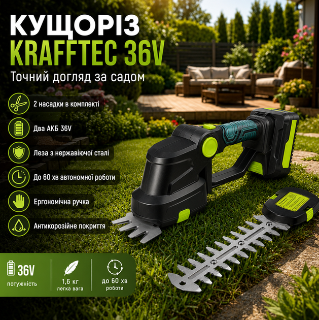 Кущоріз акумуляторний KRAFFTEC 36V із двома акумуляторами, лезами з нержавіючої сталі та насадками для трави й кущів - Фото 1 Кущоріз акумуляторний KRAFFTEC 36V із двома акумуляторами, лезами з нержавіючої сталі та насадками для трави й кущів - изображение 1