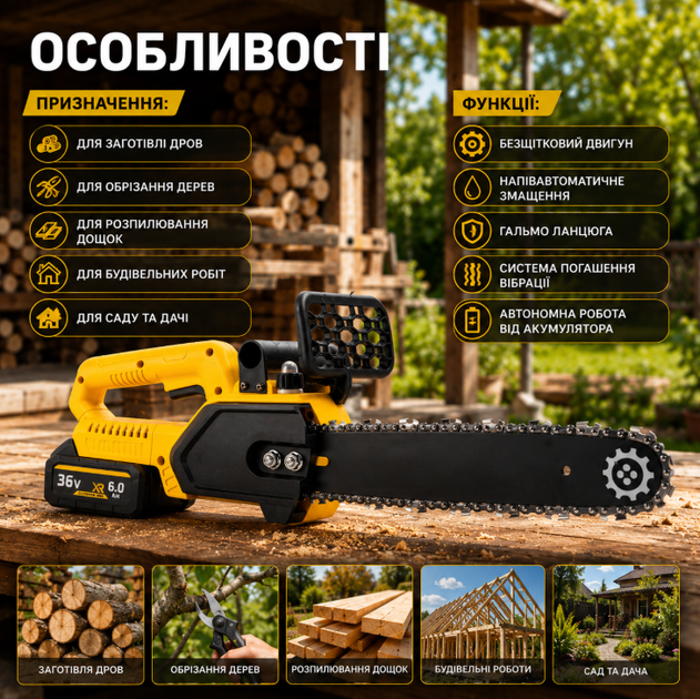 Акумуляторна ланцюгова пила 36V 6 Ah із двома акумуляторами, шиною 30 см, безщітковим двигуном і напівавтоматичним змащенням ланцюга - зображення 2