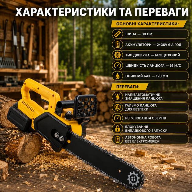 Акумуляторна ланцюгова пила 36V 6 Ah із двома акумуляторами, шиною 30 см, безщітковим двигуном і напівавтоматичним змащенням ланцюга - зображення 3
