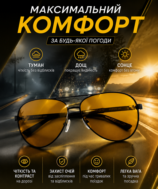 Окуляри для водіїв антифара uv400 жовті очки краплі Polaroid хамелеони автомобільні день ніч водійські з жовтими лінзами комплект з чохлом серветкою та мішочком - изображение 2