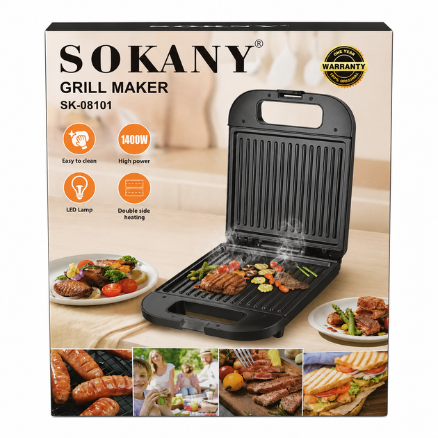 Электрический контактный гриль SOKANY SK-08101 1400 Вт с антипригарным покрытием, двусторонним нагревом - Фото 2 Электрический контактный гриль SOKANY SK-08101 1400 Вт с антипригарным покрытием, двусторонним нагревом - изображение 2