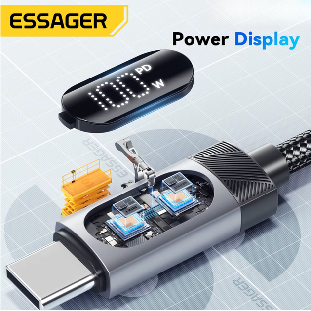 Кабель Essager USB-A to Type-C 100W 7A сірий з LED-дисплеєм, швидка зарядка та передача даних - зображення 5