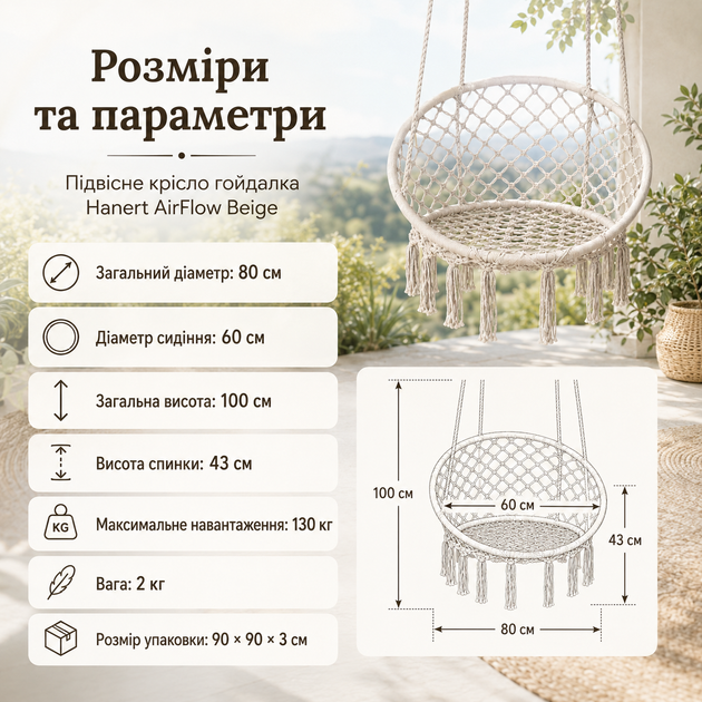 Підвісне крісло-гойдалка Hanert AirFlow Beige бежеве у стилі BOHO до 130 кг, садове крісло-гамак з металевим каркасом - зображення 2
