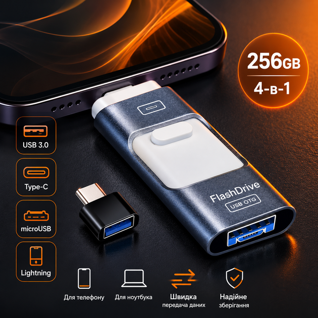 Флешка AXFEE 256GB 4-в-1 USB 3.0 Type-C microUSB Lightning для телефону та ПК - Фото 8 Флешка AXFEE 256GB 4-в-1 USB 3.0 Type-C microUSB Lightning для телефону та ПК - зображення 8
