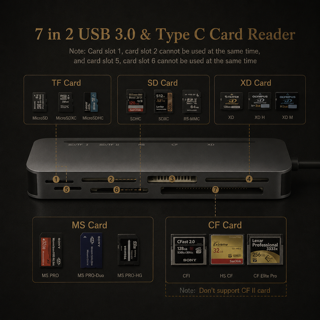 Зчитувач карт пам’яті 7-в-2 USB 3.0/USB Type-C для SD, MicroSD, SDXC, SDHC та MMC - Фото 7 Зчитувач карт пам’яті 7-в-2 USB 3.0/USB Type-C для SD, MicroSD, SDXC, SDHC та MMC - зображення 7