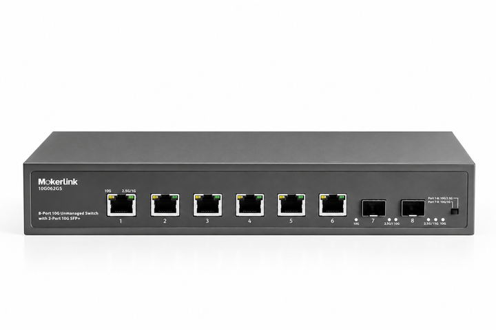 Комутатор мережевий MokerLink 10G Ethernet Switch 8 портів 10 Гбіт/с 2x SFP+ 10G 6x RJ45 10G/5G/2.5G некерований для сервера NAS - Фото 1 Комутатор мережевий MokerLink 10G Ethernet Switch 8 портів 10 Гбіт/с 2x SFP+ 10G 6x RJ45 10G/5G/2.5G некерований для сервера NAS - изображение 1