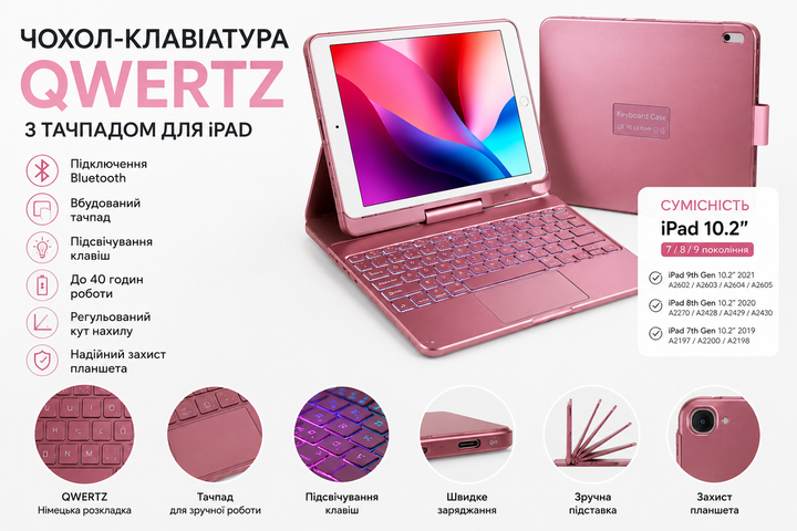 Чохол-клавіатура CM-01 Wireless Keyboard для iPad рожево-золотий Bluetooth QWERTZ з тачпадом та підсвічуванням - изображение 3