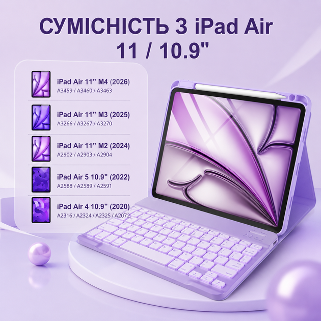 Чохол-клавіатура Vobafe KB-109 QWERTZ з тачпадом лавандовий для iPad Air 11 M4/M3/M2 та Air 5/4 10.9 - изображение 3