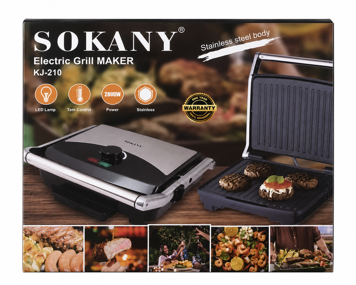 Электрический гриль SOKANY KJ-210, 2800 Вт, с регулятором температуры и антипригарным покрытием - изображение 2