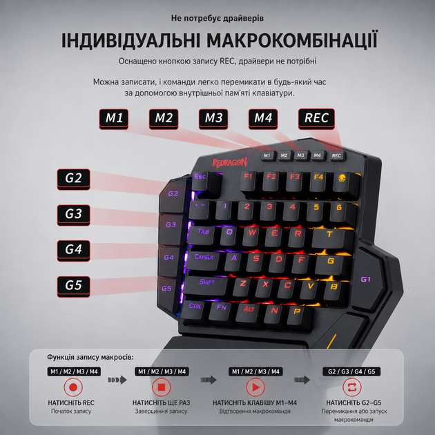 Бездротова одноруча механічна клавіатура REDRAGON K585-KS DITI, червоні світчі, RGB 16 режимів, 7 макро-клавіш - зображення 4