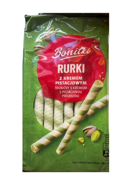Вафельні трубочки Bonitki з фісташковим кремом 150 г - Фото 1 Вафельні трубочки Bonitki з фісташковим кремом 150 г - зображення 1
