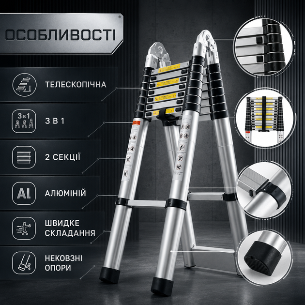 Телескопическая лестница GRAND 5,8 м (2,9+2,9 м) 3в1 из алюминия, со складной конструкцией, для ремонта, строительства и хозяйственных работ - Фото 3 Телескопическая лестница GRAND 5,8 м (2,9+2,9 м) 3в1 из алюминия, со складной конструкцией, для ремонта, строительства и хозяйственных работ - изображение 3
