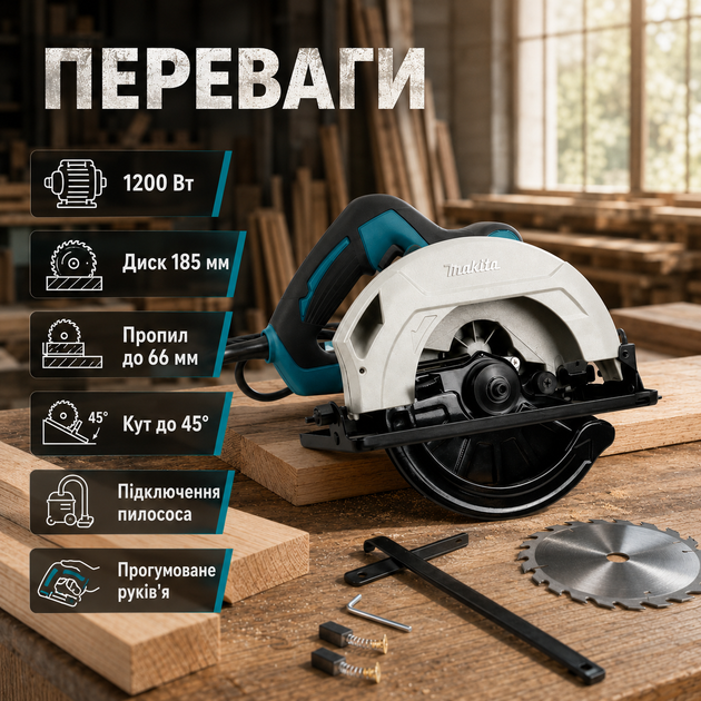 Циркулярна пила для дому та майстерні Makita HS7010 1200 Вт 185 мм , із глибиною пропилу 66 мм, підключенням пилососа для столярних, будівельних і ремонтних робіт - Фото 3 Циркулярна пила для дому та майстерні Makita HS7010 1200 Вт 185 мм , із глибиною пропилу 66 мм, підключенням пилососа для столярних, будівельних і ремонтних робіт - зображення 3