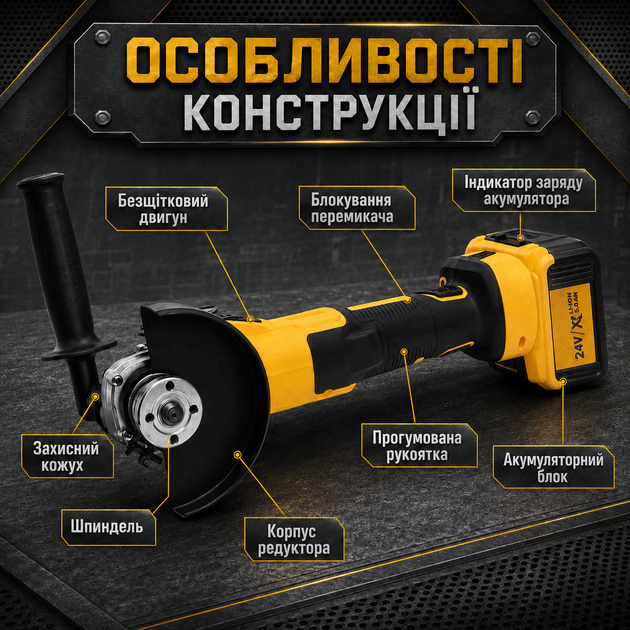 Аккумуляторная угловая шлифовальная машина 24 В, 5 А·ч с двумя аккумуляторами, бесщеточным двигателем, диском 125 мм и плавным пуском для резки и шлифования металла - Фото 4 Аккумуляторная угловая шлифовальная машина 24 В, 5 А·ч с двумя аккумуляторами, бесщеточным двигателем, диском 125 мм и плавным пуском для резки и шлифования металла - изображение 4