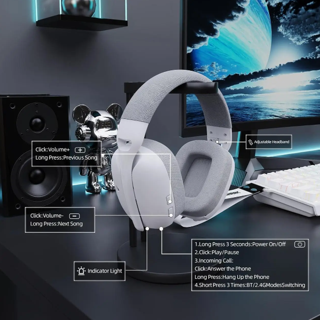 Беспроводные игровые наушники ATTACK SHARK L80PRO 2.4G/Bluetooth/Wired for PC PS XBOX White - Фото 5 Беспроводные игровые наушники ATTACK SHARK L80PRO 2.4G/Bluetooth/Wired for PC PS XBOX White - изображение 5