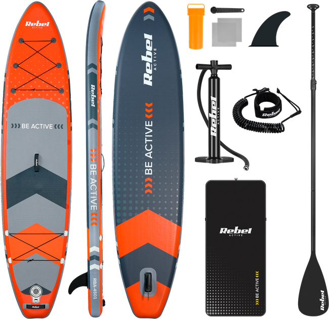 Надувная SUP доска Rebel ACTIVE 350 x 81 x 15 см с веслом, насосом и сумкой для хранения Оранжевая RBA4500 (5901890120173) - Фото 1 Надувная SUP доска Rebel ACTIVE 350 x 81 x 15 см с веслом, насосом и сумкой для хранения Оранжевая RBA4500 (5901890120173) - изображение 1