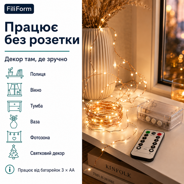 Гірлянда світлодіодна FiliForm LED String Lights на батарейках з пультом на мідному дроті для декору - изображение 3