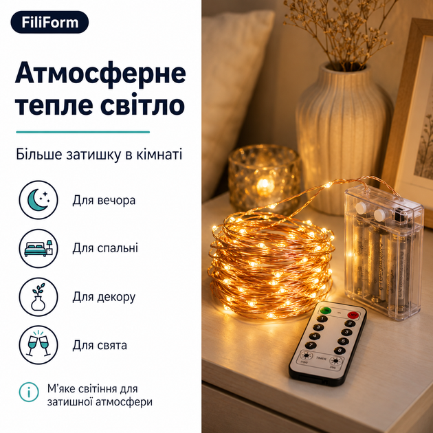 Гірлянда світлодіодна FiliForm LED String Lights на батарейках з пультом на мідному дроті для декору - изображение 5