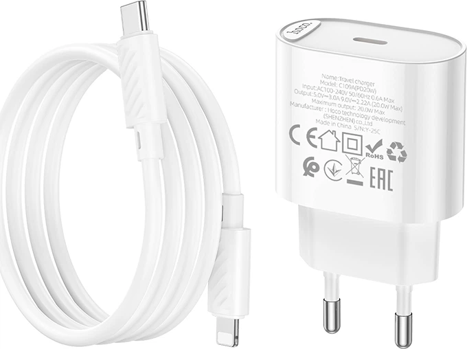 Мережевий зарядний пристрій Hoco C109A(PD20W) Fighter single port PD20W charger set with cable (C to iP) White (6942007656665) - Фото 6 Мережевий зарядний пристрій Hoco C109A(PD20W) Fighter single port PD20W charger set with cable (C to iP) White (6942007656665) - зображення 6