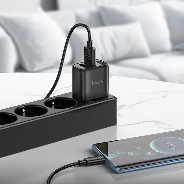 Мережевий зарядний пристрій Hoco C141A Smart dual-port charger set with cable (Type-C) Black (6942007627900) - Фото 5 Мережевий зарядний пристрій Hoco C141A Smart dual-port charger set with cable (Type-C) Black (6942007627900) - зображення 5