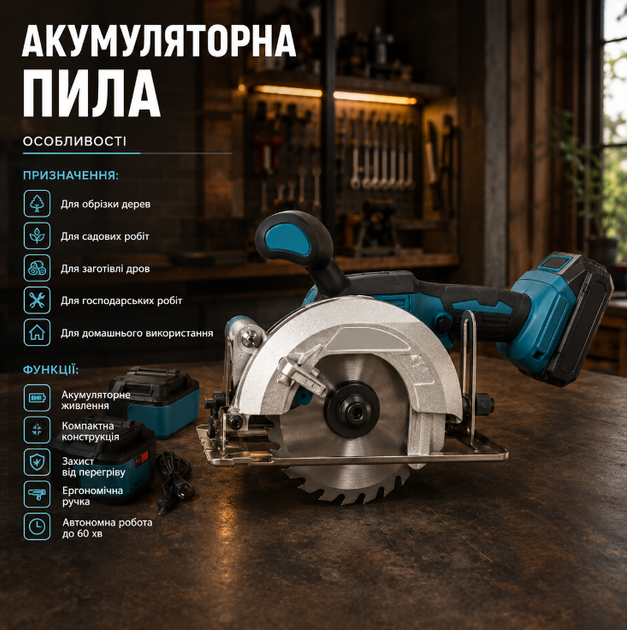 Ручна акумуляторна дискова пила HS7010 48V 5Ah із двома акумуляторами, зарядним пристроєм та захисним кожухом - Фото 3 Ручна акумуляторна дискова пила HS7010 48V 5Ah із двома акумуляторами, зарядним пристроєм та захисним кожухом - зображення 3