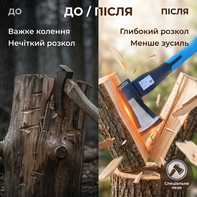 Топор колун AgroStar 1.5 кг М фибергласовая ручка 840 мм для колки дров деревьев веток углеродистая сталь - изображение 4