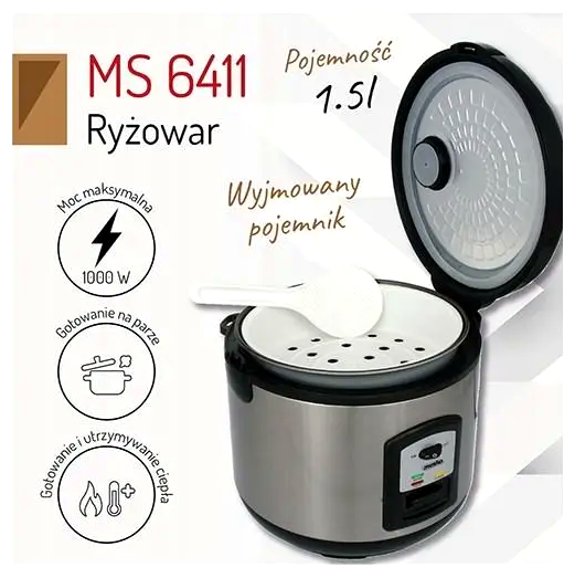 Рисоварка 1,5 л 1000 Вт для кухни 2 программы Металлик Mesko LS-2918 - изображение 9