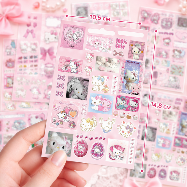Стикеры Hello Kitty 200 шт, 8 листов А5 10,5х14,8 см - изображение 5