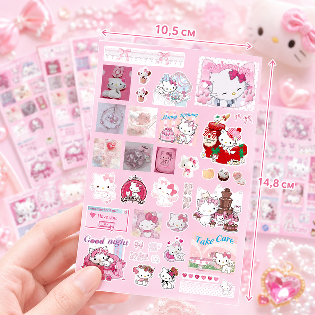 Стикеры Hello Kitty 200 шт, 8 листов А5 10,5х14,8 см - изображение 6