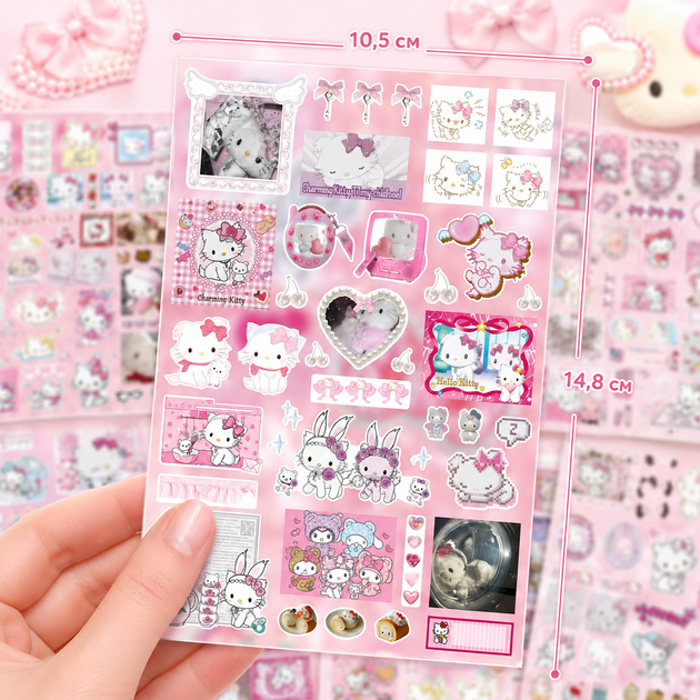 Стикеры Hello Kitty 200 шт, 8 листов А5 10,5х14,8 см - изображение 9