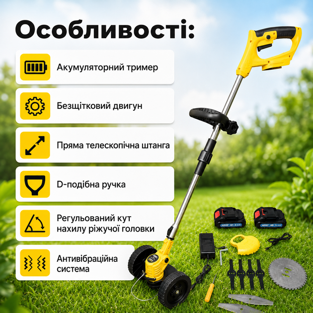 Аккумуляторный триммер Krafftec Germany PRO 48 V с бесщеточным двигателем, телескопической штангой, D-образной рукояткой, двумя аккумуляторами 6 Ah, зарядным устройством, диском, пластиковыми и металлическими ножами, для скашивания травы - изображение 5