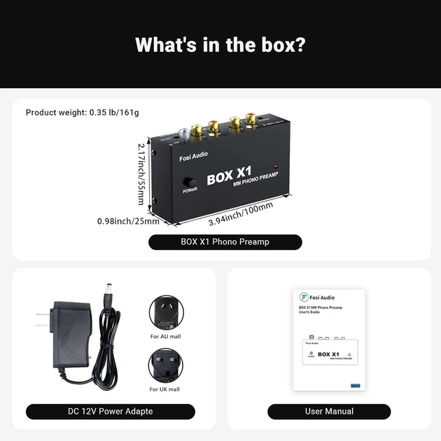 Фонокоректор Fosi Audio BOX X1 MM Phono Preamp для винилового проигрывателя, RCA + 3.5 мм, 12V - Фото 8 Фонокоректор Fosi Audio BOX X1 MM Phono Preamp для винилового проигрывателя, RCA + 3.5 мм, 12V - изображение 8