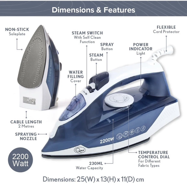 Парова праска з керамічною підошвою Quest Professional Steam Iron 2200W - зображення 3