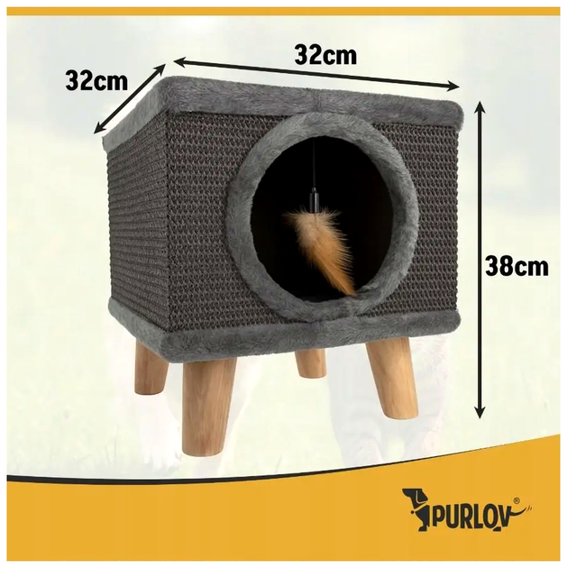 Когтеточка домик для кошек с лежанкой 2 в 1 38х32х32 см сизаль серый PURLOV LS-2943 - Фото 5 Когтеточка домик для кошек с лежанкой 2 в 1 38х32х32 см сизаль серый PURLOV LS-2943 - изображение 5