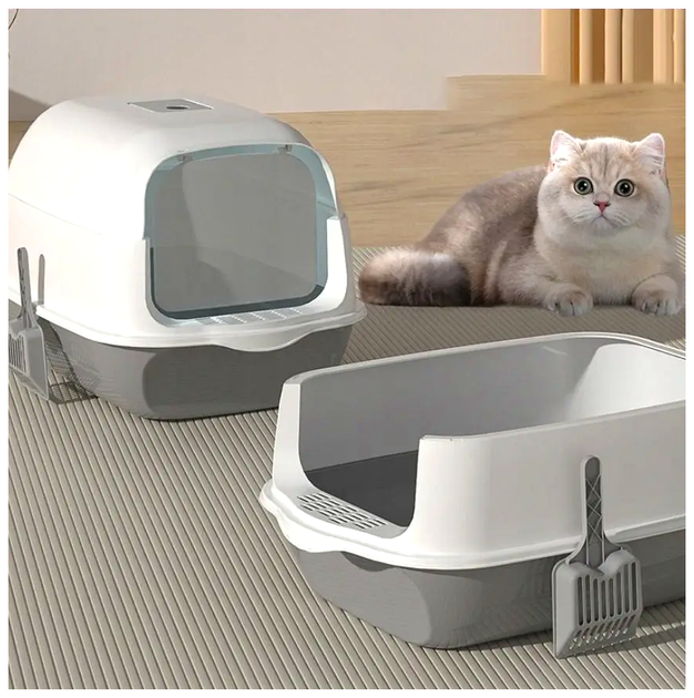 Закрытый туалет для кошек с дверцей и совком 50x35x33 см серый LS-3056 - изображение 3