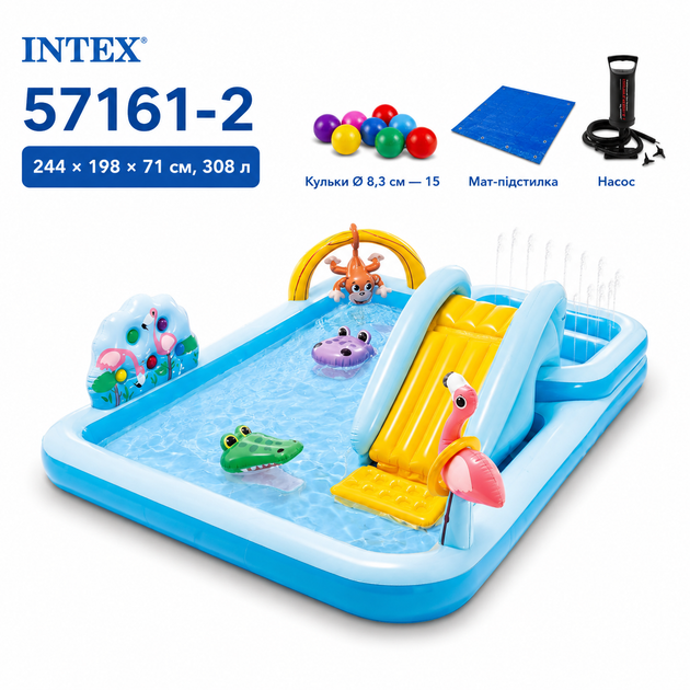 Дитячий надувний ігровий центр з басейном Intex 57161-2 «Пригоди джунглів», з гіркою, водограєм, насосом, підстилкою, кульками 15 шт., прямокутний, з високоякісного вінілу, для дітей від 2 років, 244 × 198 × 71 см, об'єм 308 л - зображення 3