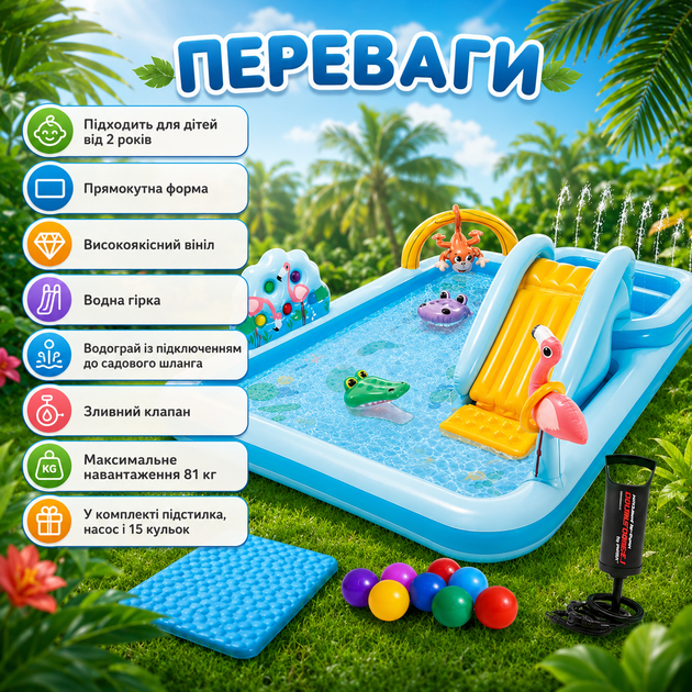 Дитячий надувний ігровий центр з басейном Intex 57161-2 «Пригоди джунглів», з гіркою, водограєм, насосом, підстилкою, кульками 15 шт., прямокутний, з високоякісного вінілу, для дітей від 2 років, 244 × 198 × 71 см, об'єм 308 л - зображення 4