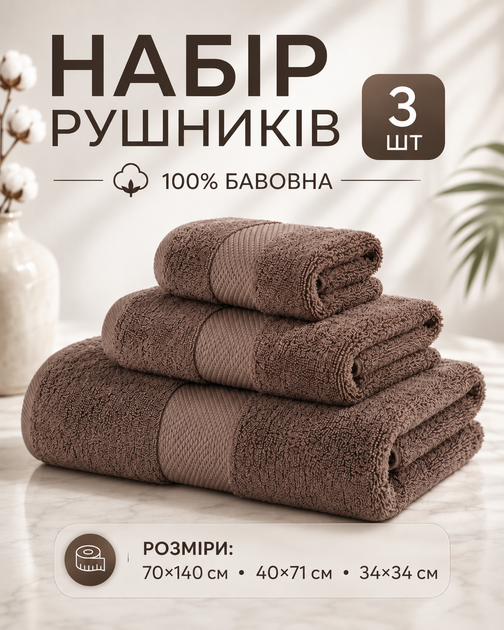 Набір бавовняних рушників 3 шт для ванної рук та обличчя комплект рушників 70х140 40х71 34х34 см м’які щільні добре вбирають вологу коричневі - зображення 2