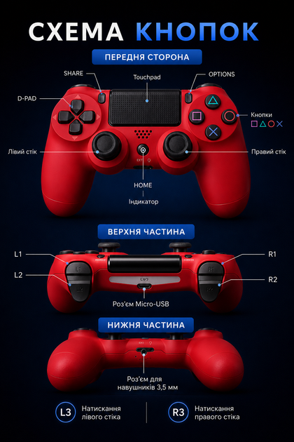 Джойстик ігровий універсальний для sony playstation ps3 ps4 PC ios android tv бездротовий Doubleshock bluetooth геймпад соні плейстейшен пс3 пс4 пс5 пк комп'ютера віндовс андроід з подвійною вібрацією сенсором аудіо динаміком + зарядний кабель синій - зображення 5