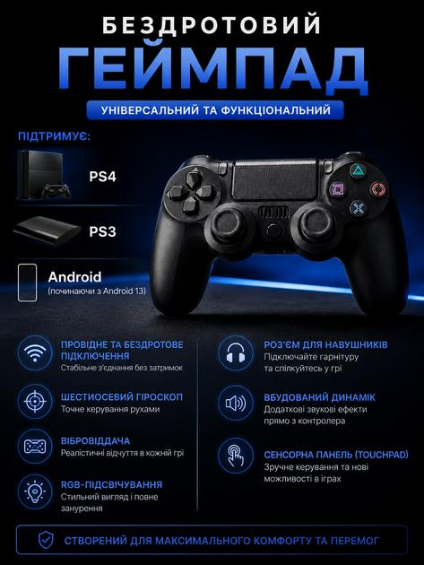 Джойстик ігровий універсальний для sony playstation ps3 ps4 PC ios android tv бездротовий Doubleshock bluetooth геймпад соні плейстейшен пс3 пс4 пс5 пк комп'ютера віндовс андроід з подвійною вібрацією сенсором аудіо динаміком + зарядний кабель синій - зображення 6