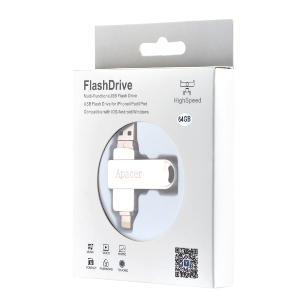 Флеш-накопитель Apacer AH790 64 GB USB 3.1 Lightning серебристый металл для iPhone iPad - зображення 2