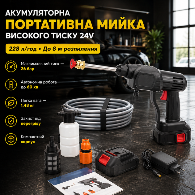 Портативная аккумуляторная мойка высокого давления 24V 5Ah, 26 бар, до 228 л/ч, шланг 5 м, насадки для мойки авто и техники - Фото 1 Портативная аккумуляторная мойка высокого давления 24V 5Ah, 26 бар, до 228 л/ч, шланг 5 м, насадки для мойки авто и техники - изображение 1