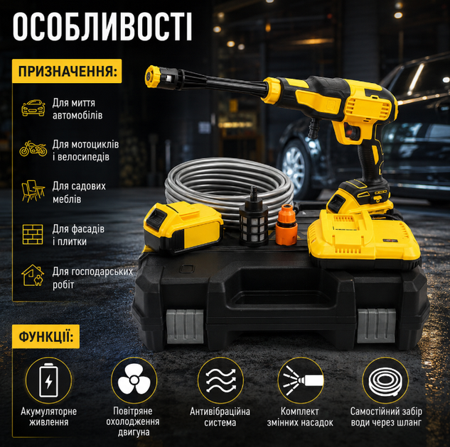 Аккумуляторная ручная мойка высокого давления 36V 6Ah с 2 АКБ 26 бар 230 л/ч шланг 5 м насадки для мойки авто и техники - изображение 4