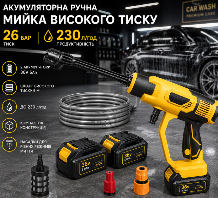 Аккумуляторная ручная мойка высокого давления 36V 6Ah с 2 АКБ 26 бар 230 л/ч шланг 5 м насадки для мойки авто и техники - изображение 2