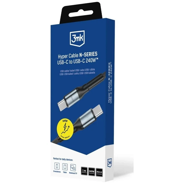 Кабель 3mk Hyper Cable N-Series USB-C to USB-C 1m 48V/5A 240W Black (5903108758659) - Фото 4 Кабель 3mk Hyper Cable N-Series USB-C to USB-C 1m 48V/5A 240W Black (5903108758659) - изображение 4