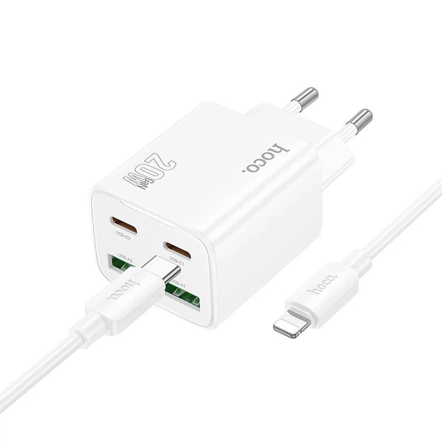 Мережевий зарядний пристрій Hoco N55 2×USB-C + 2×USB-A QC3.0 PD 20W + кабель USB-C to Lightning White (6942007659253) - Фото 1 Мережевий зарядний пристрій Hoco N55 2×USB-C + 2×USB-A QC3.0 PD 20W + кабель USB-C to Lightning White (6942007659253) - зображення 1