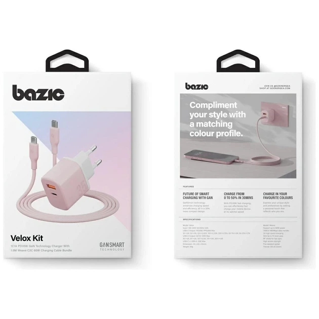 Ładowarka sieciowa Energea Bazic GoPort Velox Kit USB-C/USB-A GaN 35W z kablem Pink (8885020102574) - obraz 7