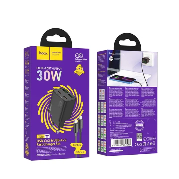 Сетевое зарядное устройство Hoco N56 2×USB-C + 2×USB-A QC3.0 PD 30W + кабель USB-C to Lightning Black (6942007659291) - изображение 6