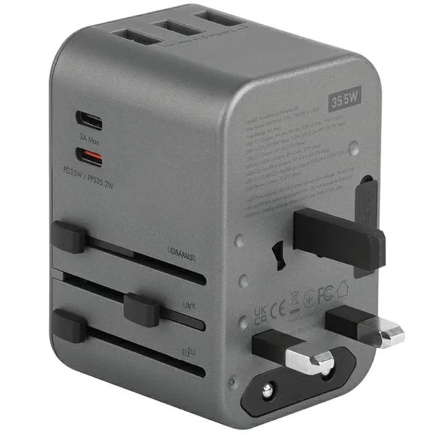 Сетевое зарядное устройство Energea Travelworld 3xUSB+2xUSB-C PD PPS QC3.0 35.5W 4в1 US/UA/EU/UK Gunmetal (TWA35-GUN) - изображение 3