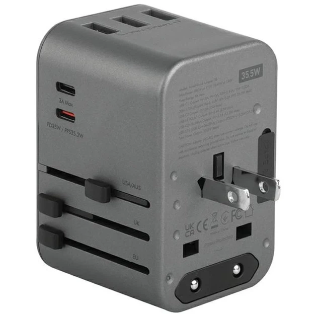 Сетевое зарядное устройство Energea Travelworld 3xUSB+2xUSB-C PD PPS QC3.0 35.5W 4в1 US/UA/EU/UK Gunmetal (TWA35-GUN) - изображение 4
